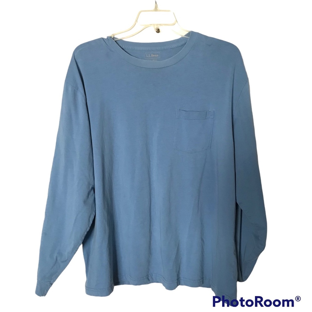 L.L. Bean Men's Carefree Unshrinkable Blue Tee with Pocket Long-Sleeve - XXL